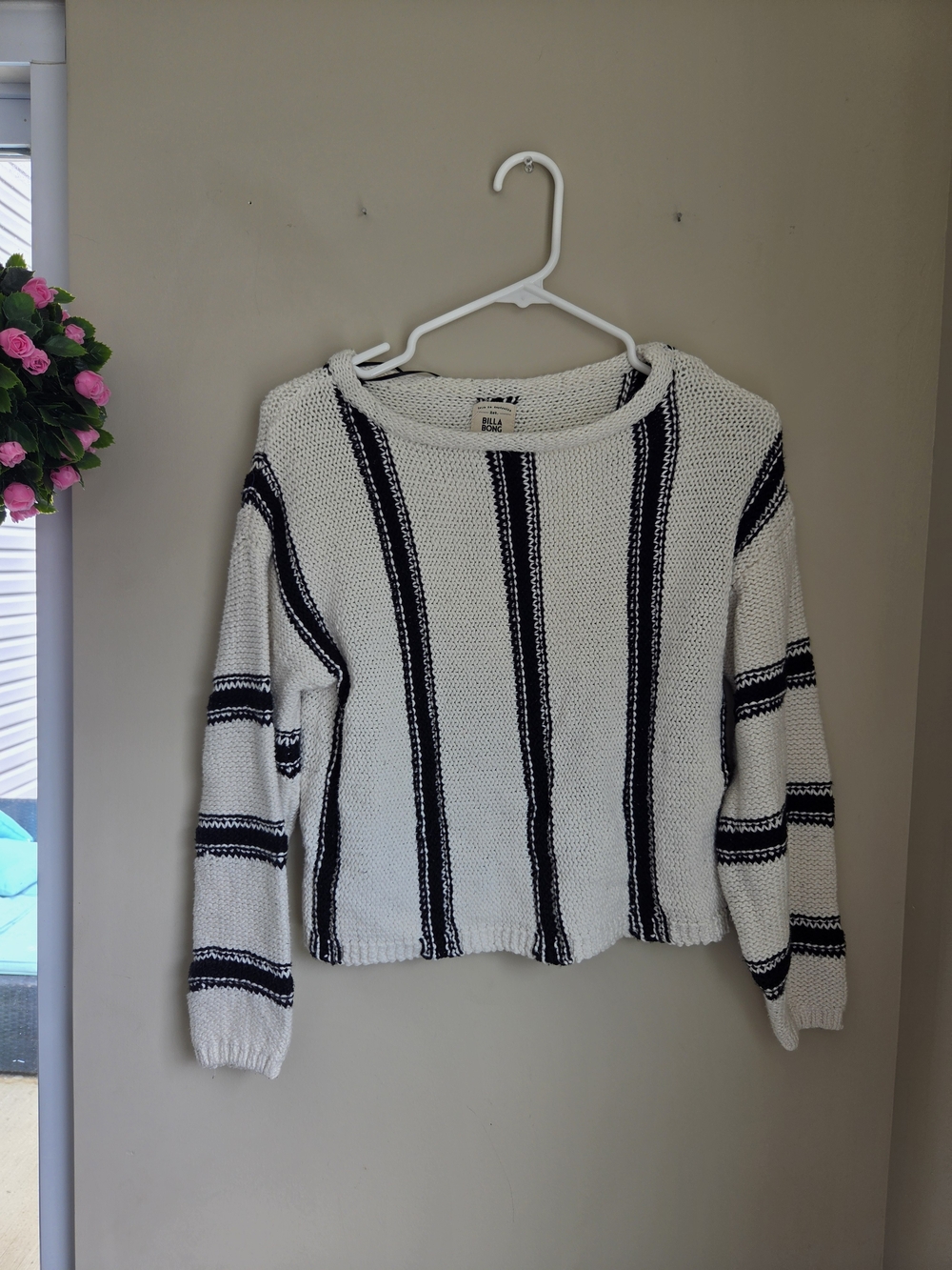 Billabong Cream Sweater with Black Vertical Stripes